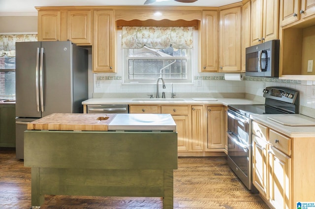 kitchen featuring sink, wood-type flooring, stainless steel appliances, and tasteful backsplash