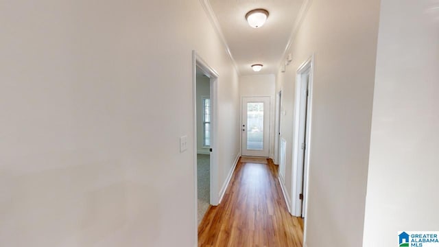 hall with ornamental molding and light wood-type flooring