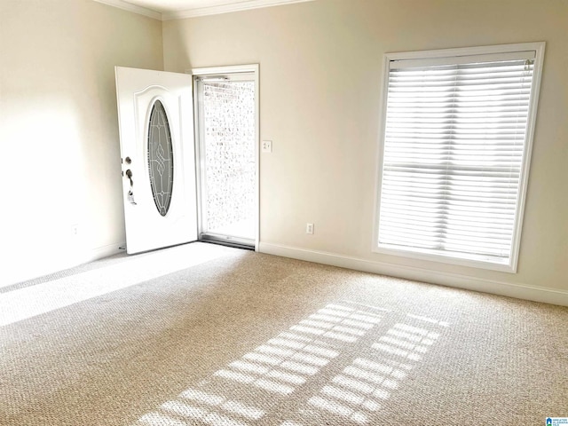 carpeted foyer with crown molding