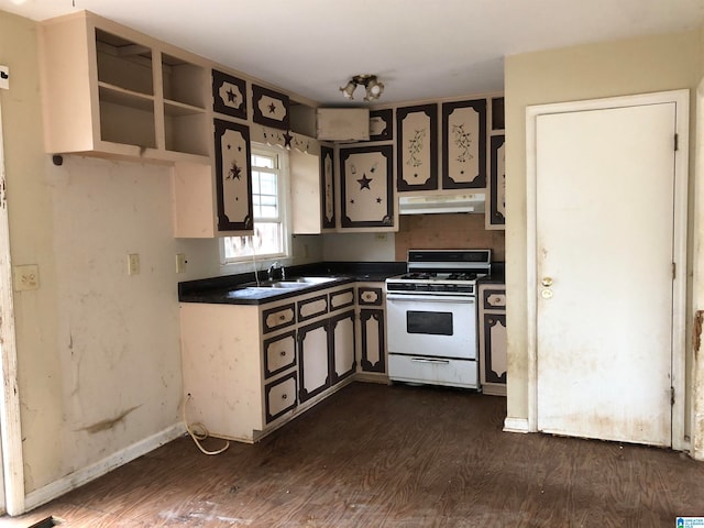 kitchen with gas range gas stove, dark hardwood / wood-style flooring, and sink