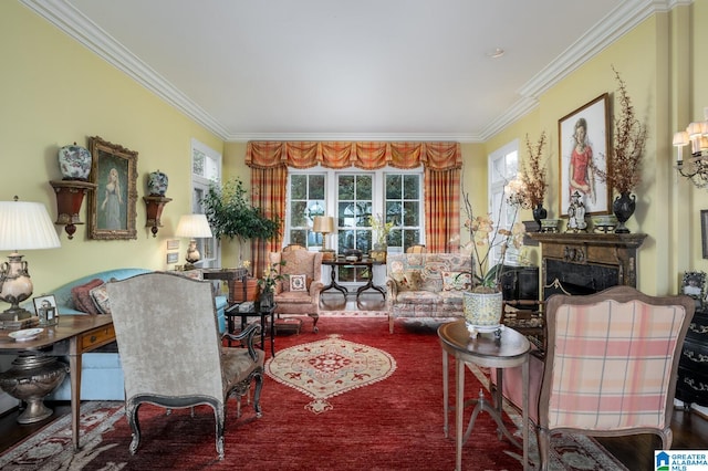 living room with ornamental molding