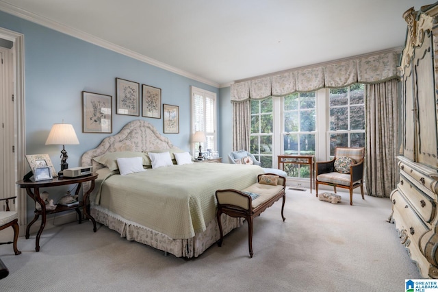 carpeted bedroom with ornamental molding