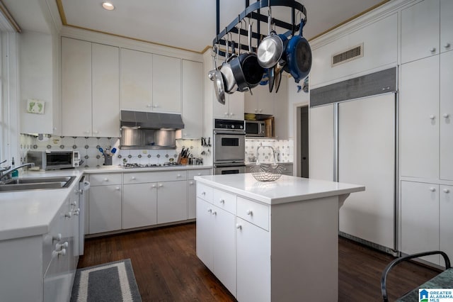 kitchen with appliances with stainless steel finishes, dark hardwood / wood-style flooring, sink, white cabinets, and a kitchen island