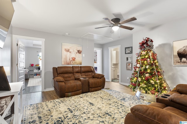 living room featuring ceiling fan and hardwood / wood-style floors