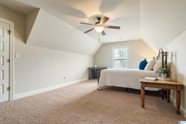 bedroom featuring carpet flooring, ceiling fan, and lofted ceiling