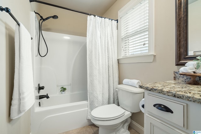 full bathroom with toilet, vanity, tile patterned floors, and shower / bathtub combination with curtain