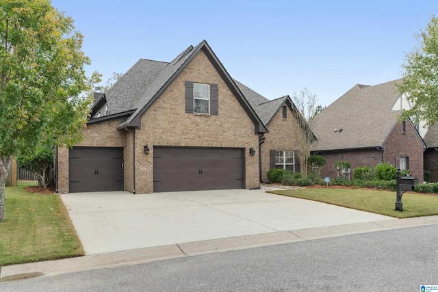 view of front of property featuring a garage and a front lawn