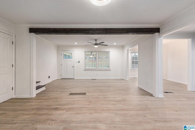 unfurnished living room featuring light hardwood / wood-style flooring, ceiling fan, and crown molding