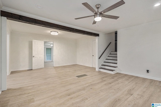 spare room with ceiling fan, ornamental molding, and light wood-type flooring