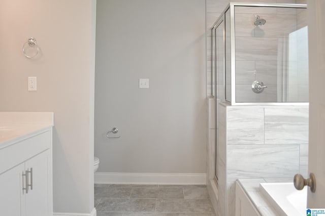 full bathroom featuring vanity, independent shower and bath, and toilet