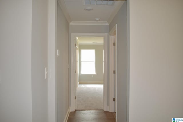 hallway featuring light hardwood / wood-style flooring and crown molding