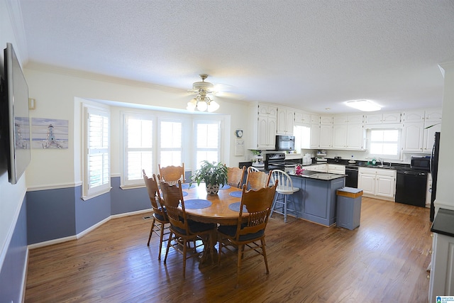 dining room featuring hardwood / wood-style flooring, plenty of natural light, and a textured ceiling