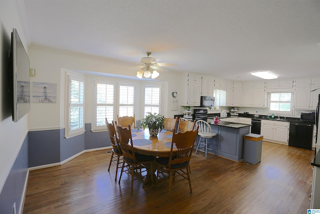 dining room with ceiling fan, a healthy amount of sunlight, sink, and dark wood-type flooring