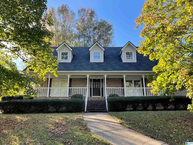 cape cod home with covered porch and a front lawn