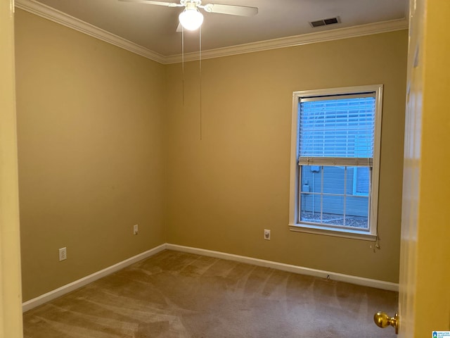 empty room featuring ceiling fan, carpet, and ornamental molding