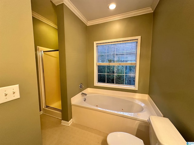 bathroom featuring crown molding, toilet, and shower with separate bathtub