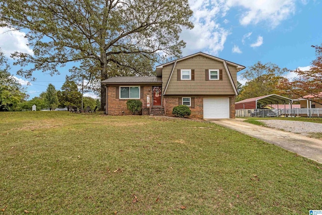 split level home featuring a front yard, a garage, and a carport