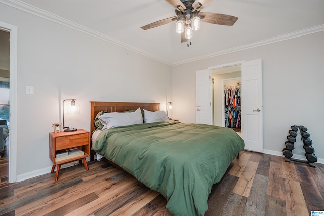 bedroom featuring hardwood / wood-style flooring, ceiling fan, a walk in closet, and ornamental molding