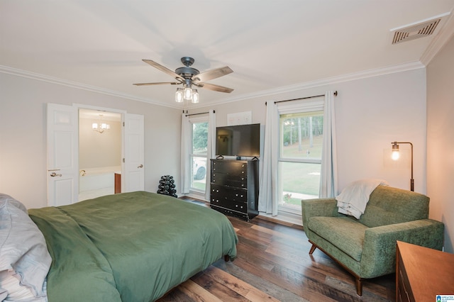 bedroom featuring hardwood / wood-style floors, ceiling fan, and ornamental molding