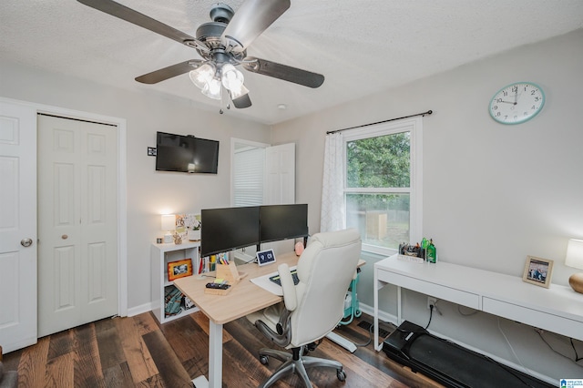 home office with ceiling fan, dark wood-type flooring, and a textured ceiling