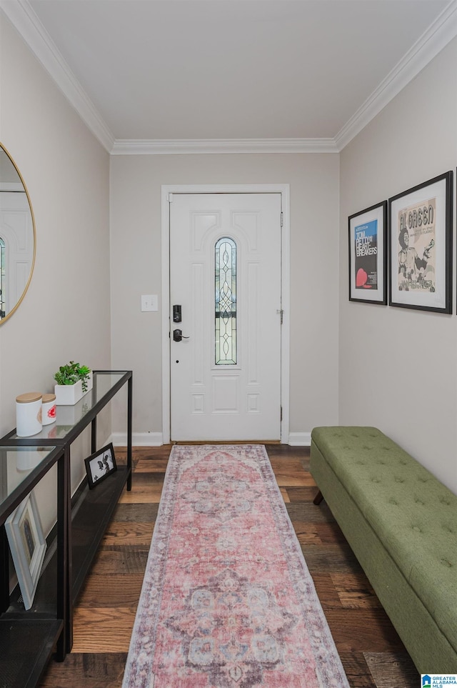 foyer featuring ornamental molding and dark wood-type flooring