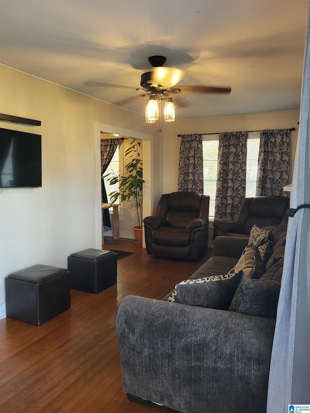 living room with ceiling fan and dark wood-type flooring