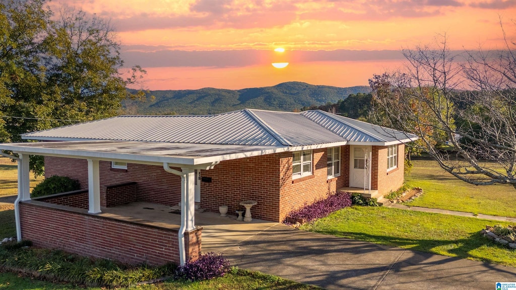 exterior space featuring a mountain view and a yard