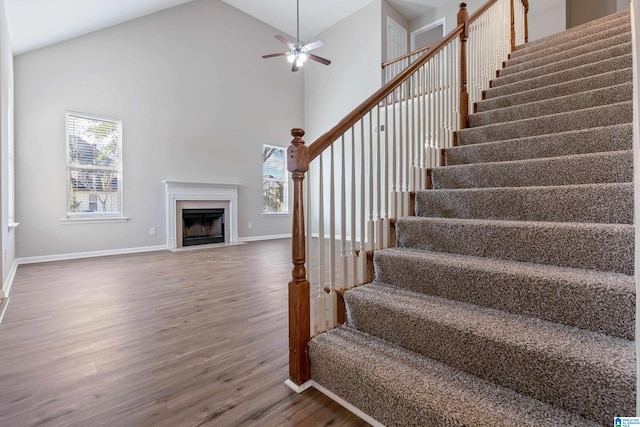 stairway featuring ceiling fan, hardwood / wood-style floors, and high vaulted ceiling