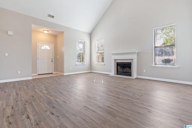 unfurnished living room featuring wood-type flooring and plenty of natural light