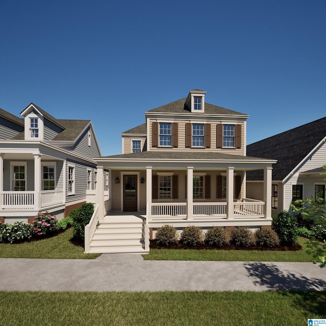view of front of property featuring a front lawn and covered porch