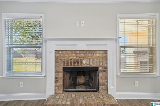 details with hardwood / wood-style flooring and a fireplace