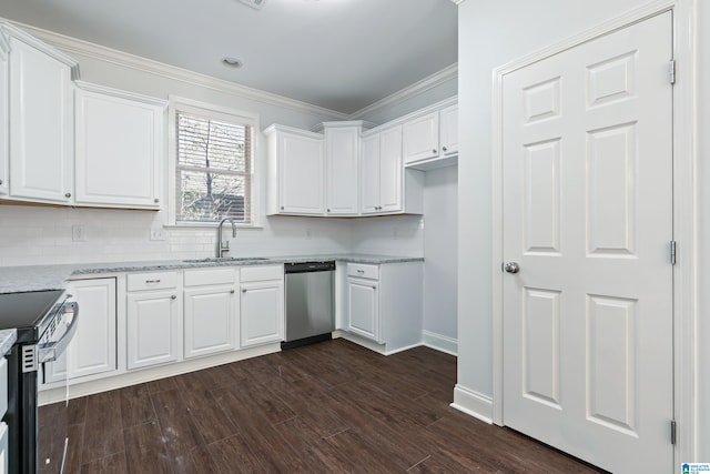 kitchen featuring white cabinetry, sink, dark wood-type flooring, and appliances with stainless steel finishes