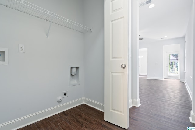 laundry room with hookup for a washing machine, dark hardwood / wood-style floors, gas dryer hookup, and electric dryer hookup