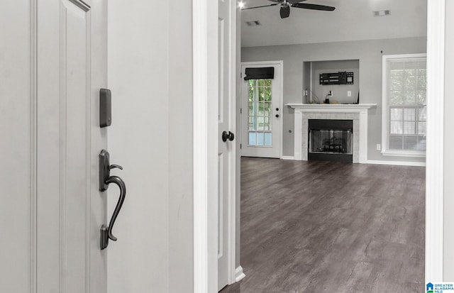 interior space with hardwood / wood-style floors, plenty of natural light, ceiling fan, and a fireplace