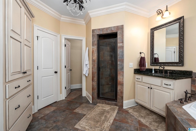 bathroom featuring vanity, ornamental molding, plus walk in shower, and an inviting chandelier