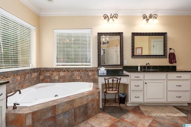 bathroom with tiled tub, crown molding, and vanity