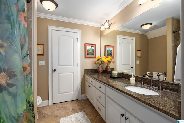 bathroom featuring a shower with curtain, tile patterned flooring, crown molding, toilet, and vanity