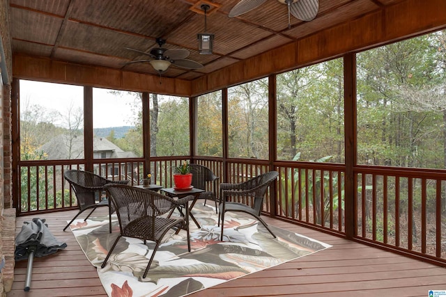 sunroom featuring ceiling fan and wood ceiling