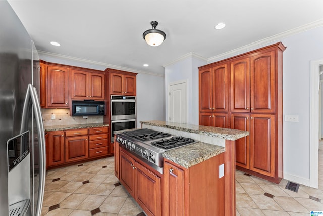 kitchen featuring decorative backsplash, light tile patterned floors, light stone countertops, ornamental molding, and appliances with stainless steel finishes