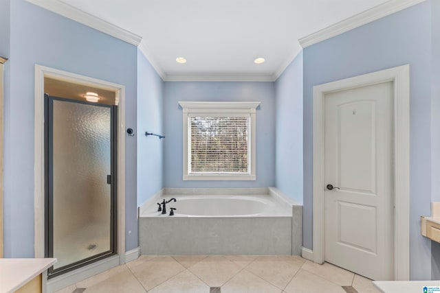 bathroom with tile patterned flooring, shower with separate bathtub, vanity, and ornamental molding