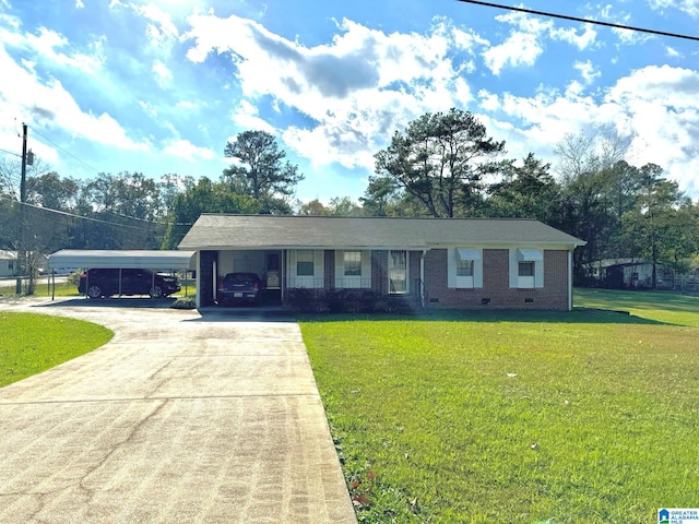 single story home featuring a front yard and a carport