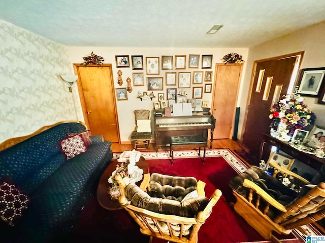 living room featuring hardwood / wood-style floors and a textured ceiling