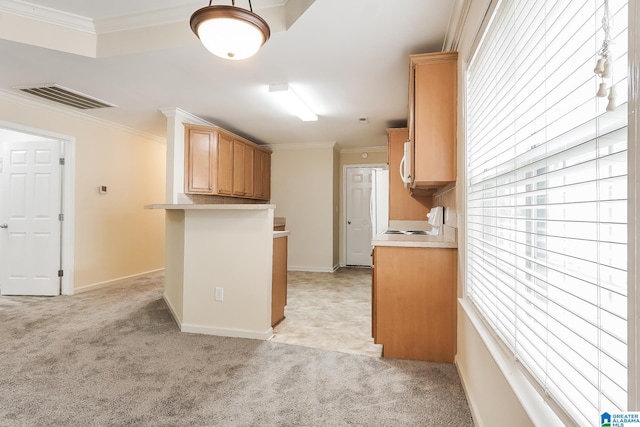 kitchen featuring light brown cabinets, white appliances, light carpet, crown molding, and kitchen peninsula