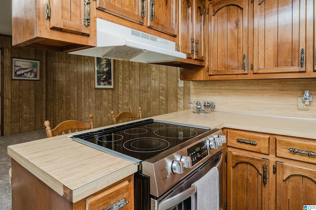 kitchen with carpet, electric range, and wood walls