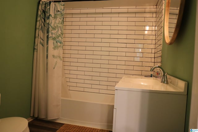 full bathroom with vanity, toilet, and shower / bathtub combination with curtain