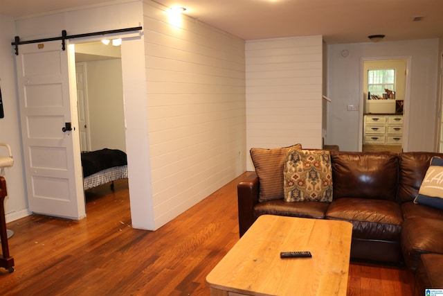 living room featuring hardwood / wood-style floors and a barn door