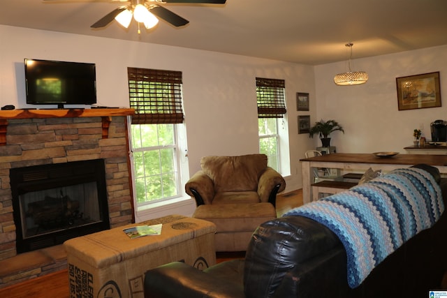 551 Poplar Pl, Wedowee, AL 36278 - living room featuring wood finished floors, plenty of natural light, ceiling fan, and a stone fireplace