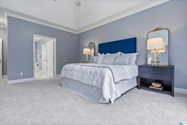 carpeted bedroom with ceiling fan, crown molding, and connected bathroom