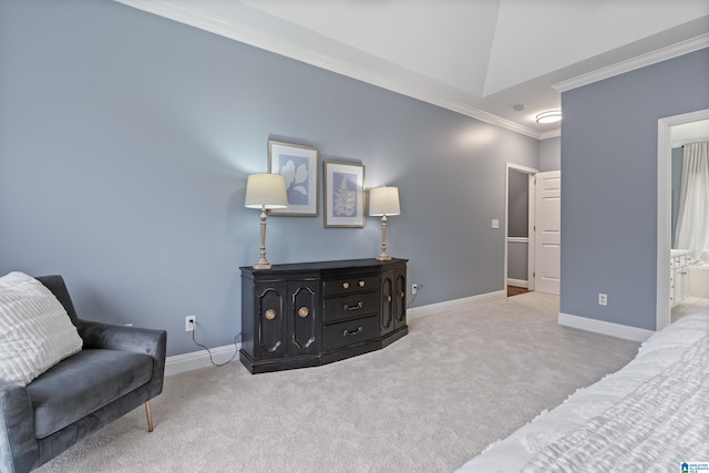 bedroom featuring light colored carpet, ornamental molding, connected bathroom, and vaulted ceiling