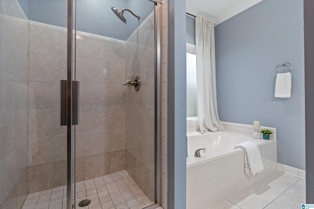 bathroom with crown molding, tile patterned flooring, and plus walk in shower